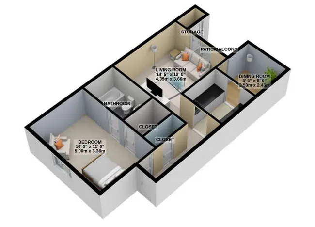1 Bed • 1 Bath 003-302 floor plan